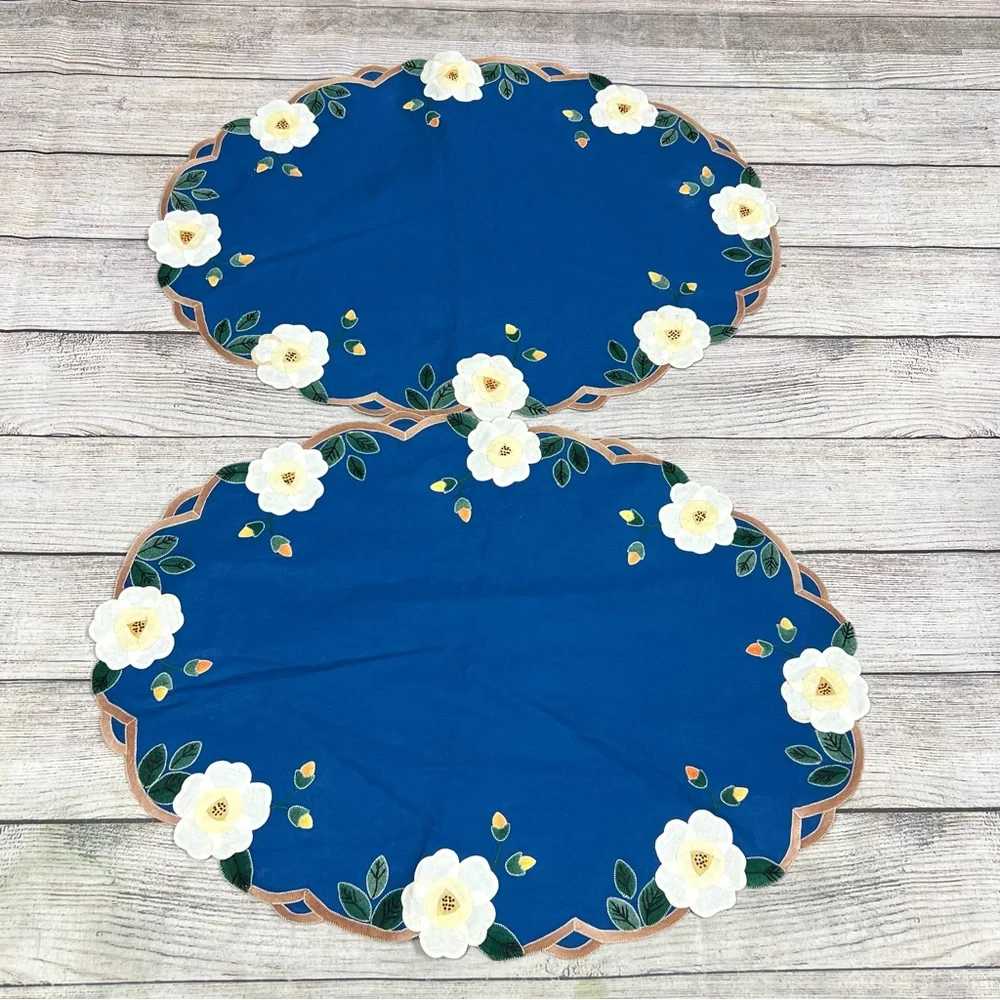 Vintage Placemats Green Blue Red Embroidered Linen Fabric Floral Lot of 6 Boho